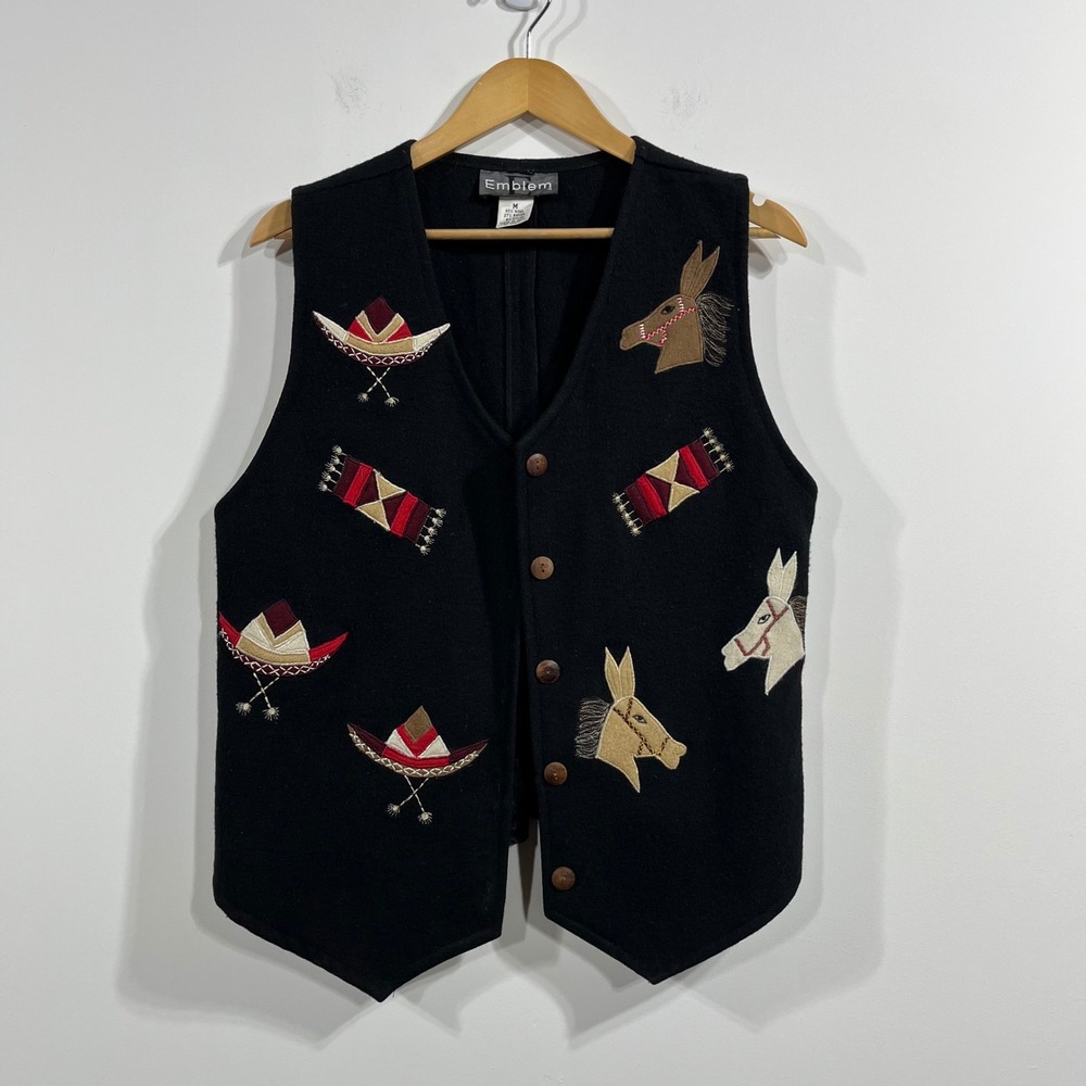 Vintage Emblem Womens Wool Embroidered Southwestern Burro Sombrero Vest Medium
